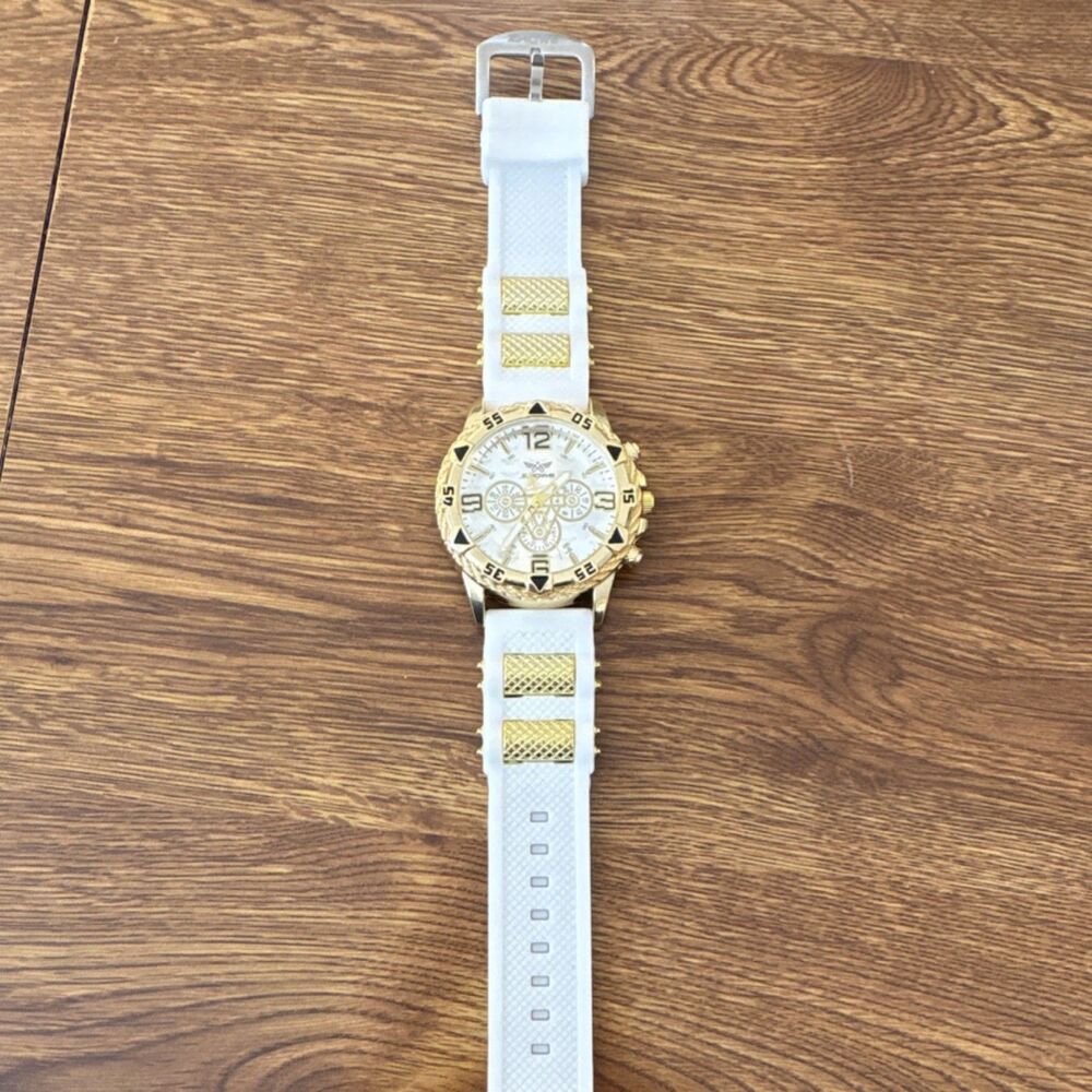 ZHOW Chronograph Men's Wristwatch Gold Case White Rubber Band Analog Display